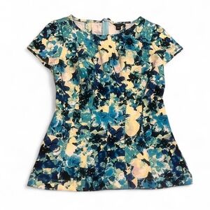 Ann Taylor Blue Teal Floral Short-Sleeve Peplum Top